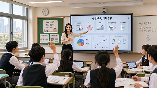 학교에서 학생들에게 생활속 경제·금융 수업을 진행하는 모습. [챗GPT로 제작]
