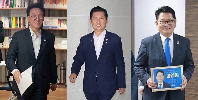 더불어민주당 8·17 전당대회 후보자 등록 신청이 시작된 16일 김민석 전 국무총리, 정청래 전 대표, 송영길 의원이 대리인을 통하거나 직접 후보 등록을 마쳤다. (왼쪽 사진부터) 김민석 전 총리가 지난 15일 서울 여의도 민주당 중앙당사에서 당 4대 혁신안을 발표하기 위해 단상으로 향하고 있다. 정청래 전 대표가 16일 오전 국회 의원회관에서 열린 ‘검사 권력 오남용 사례로 본 형사소송법 개정 토론회’에 참석하러 이동하고 있다. 송영길 의원이 16일 서울 여의도 민주당 중앙당사에서 후보 등록을 하러 걸어가고 있다. 김정효 기자 hyopd@hani.co.kr, 연합뉴스