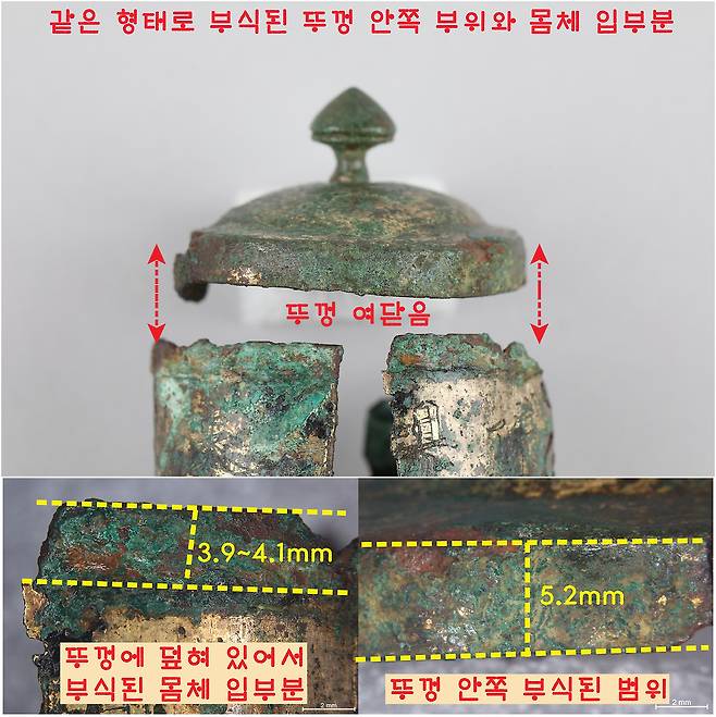 최근 ‘중화3년명 원통형 사리기’ 몸체와 발굴조사에서 확인된 뚜껑에 대한 과학적 분석 결과 두 유물이 100% 1세트라는 사실이 밝혀졌다. 또 사리기의 입 부분에서 일정한 높이의 구리 부식 흔적이 관찰됐다. 뚜껑이 덮여있던 흔적과 일치한 것이다. 국립경주박물관 제공