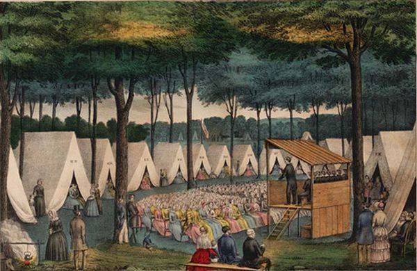 미국의 2차 대각성 운동 막바지인 1840년대 남부의 캠프 집회 모습.