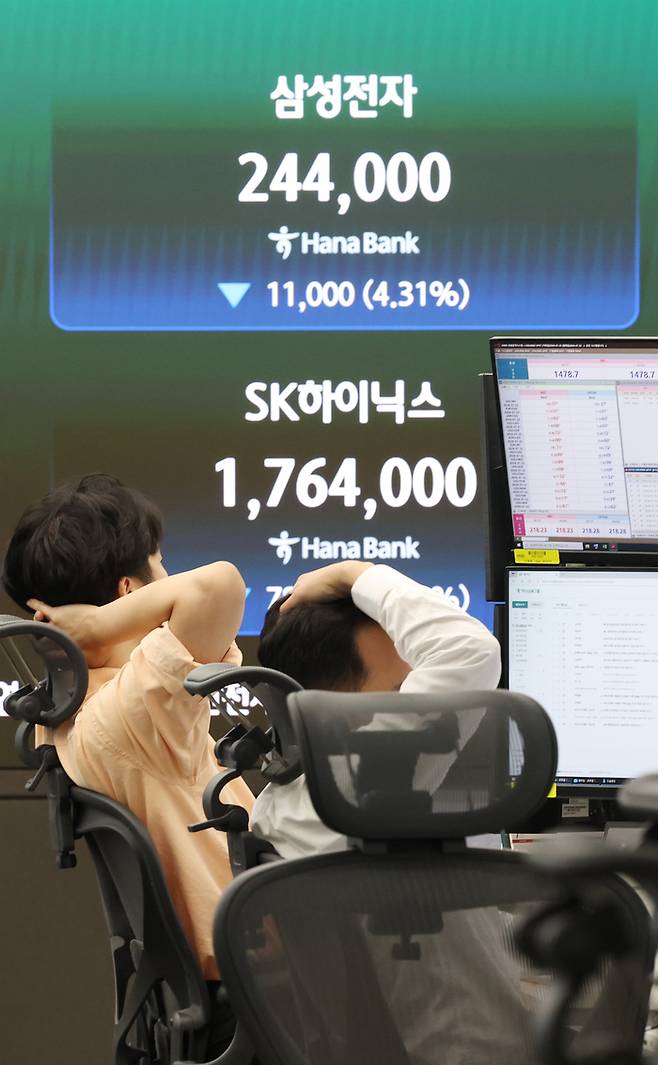 20일 서울 중구 하나은행 딜링룸에서 직원들이 업무를 보고 있다. 이날 코스피는 전장보다 304.33포인트(4.46%) 내린 6,516.27에, 코스닥 지수는 42.20포인트(5.33%) 내린 749.64에 장을 마감했다. [연합뉴스]