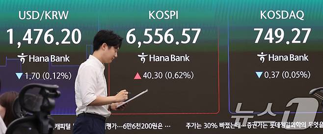21일 서울 중구 하나은행 딜링룸 전광판에 코스피 등 시황이 표시되고 있다 이날 코스피는 전 거래일(6516.27) 대비 0.57%(37.61포인트) 오른 6553.88로 출발했다. 2026.7.21 ⓒ 뉴스1 박지혜 기자