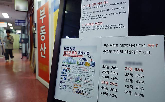 2026년 7월14일 서울 서초구 한 부동산중개업소 앞에 부동산 세금 관련 안내문이 붙어 있다. 연합뉴스