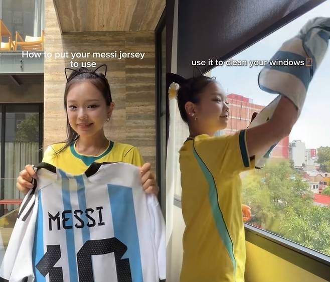 유튜버 ‘이노냥’이 2026 국제축구연맹(FIFA) 북중미 월드컵 결승전 이후 리오넬 메시의 아르헨티나 대표팀 유니폼을 발로 밟고 걸레로 사용하는 등의 내용을 담은 영상을 올려 전세계 축구팬들의 비판을 받고 있다. 자료 : 유튜브 채널 ‘이노냥’