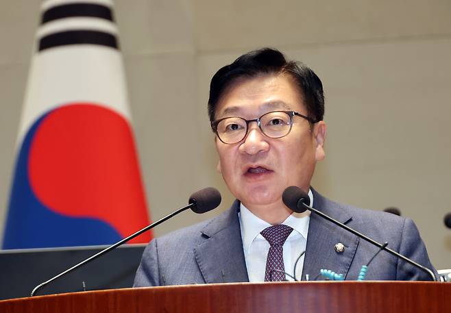 정점식 국민의힘 원내대표가 21일 국회에서 열린 의원총회에서 발언하고 있다. 연합뉴스