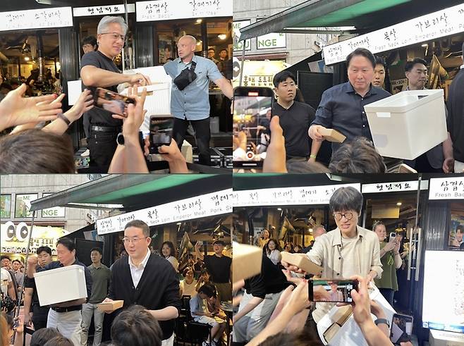 ▲젠슨 황 엔비디아 최고경영자(CEO), 최태원 SK그룹 회장, 구광모 LG그룹 회장, 이해진 네이버 의장이 6월 5일 서울 마포구 홍대입구역 인근에서 시민들에게 간식을 나눠주고 있다. 사진=박지성 기자