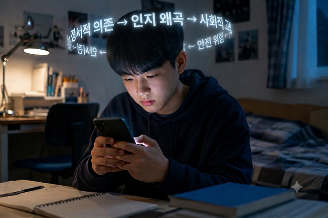 국회입법조사처는 20일 아동과 청소년이 '정서적 의존 →인지 왜곡→사회적 고립→안전 위험'으로 이어지는 연쇄 구조를 통해 AI챗봇에 중독될 가능성이 성인보다 높은 만큼 규제 도입이 필요하다는 보고서를 내놨다. 사진은 기사의 이해를 돕기 위해 AI를 이용해 생성한 이미지. /사진=제미나이