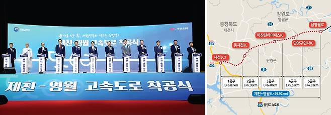▲ 제천~영월 고속도로 착공식이 21일 영월 스포츠파크 실내체육관에서 우상호 도지사, 신용한 충북도지사, 박길선 도의장, 이상식 충북도의장, 유상범·엄태영 국회의원, 홍지선 국토교통부 2차관, 유정훈 한국도로공사 사장 등이 참석한 가운데 열렸다. 방기준 기자