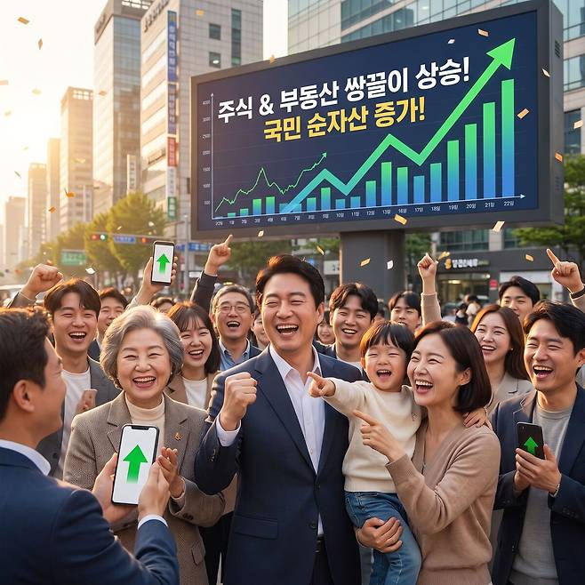 지난해 주식과 부동산 등 자산 가격 상승으로 한국 가계 순자산이 늘어난 것으로 나타났다. 제미나이로 생성한 AI이미지