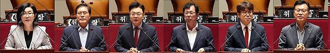국회 상임위원장 후보로 선출된 국민의힘 의원들이 23일 오전 서울 여의도 국회에서 열린 제22대 국회 후반기 상임위원장 후보자 선출 의원총회에서 소감을 발표하고 있다. 왼쪽부터 교육위원장 후보 김희정, 외교통일위원장 후보 송석준, 산업통상자원중소벤처기업위원장 후보 김성원, 보건복지위원장 후보 이만희, 국토교통위원장 후보 유의동, 정보위원장 후보 이양수. 뉴스1