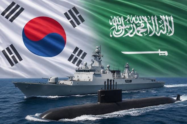 왼쪽부터 HD현대중공업이 건조한 호위함과 한화오션이 건조한 잠수함. AI 제작 이미지