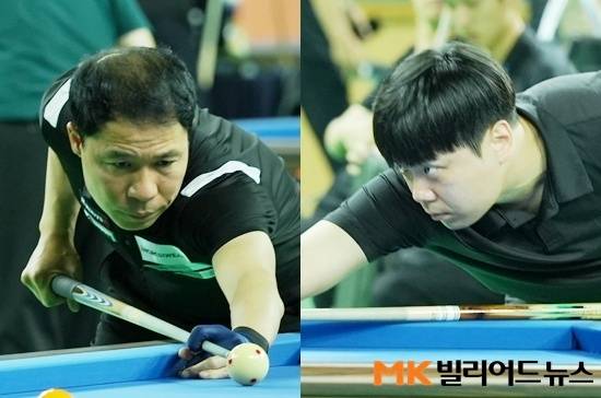 국내1위 허정한(왼쪽)과 김행직이 24일 인천 남동체육관에서 열린 ‘제5회 인천광역시장배 전국당구대회’ 남자3쿠션 64강전에서 각각 이창우 백창용에게 패해 탈락했다.