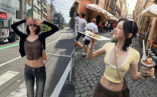 과거에는 레이스가 속옷 장식으로 주로 쓰였다면 최근에는 얇은 톱의 네크라인이나 밑단을 장식하는 요소로 활용된다. 레드벨벳 조이(왼쪽)와 아이들 우기가 레이스 톱을 입은 모습. 사진 레드벨벳 조이·아이들 우기 인스타그램 캡쳐