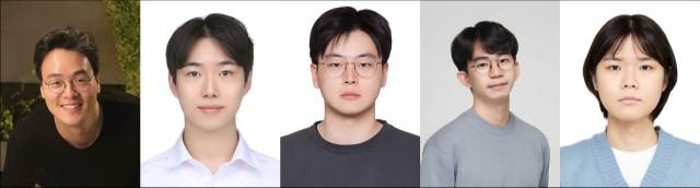 (왼쪽부터) KAIST AI 컴퓨팅학과 & 전산학부 안성진 교수, 백두진 석사과정, 이규빈 석사과정, 백준엽 박사과정, 이호성 석사과정. 사진=KAIST 제공