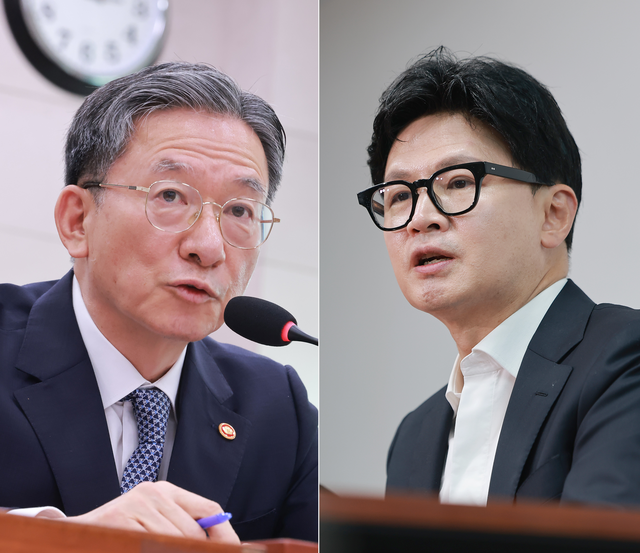 이재명 정부 초대 법무부 장관을 맡아온 정성호(왼쪽) 더불어민주당 의원, 윤석열 정부 초대 법무장관과 국민의힘 당대표를 지낸 한동훈(오른쪽) 무소속 국회의원. [연합뉴스 사진 갈무리]