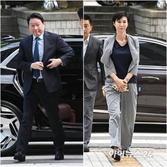 최태원 SK그룹 회장(왼쪽)과 노소영 아트센터 나비 관장이 지난 6월 26일 서울 서초구 서울고등법원에서 열린 재산 분할 파기환송심 2차 변론기일에 출석하고 있다.[사진=곽영래 기자]