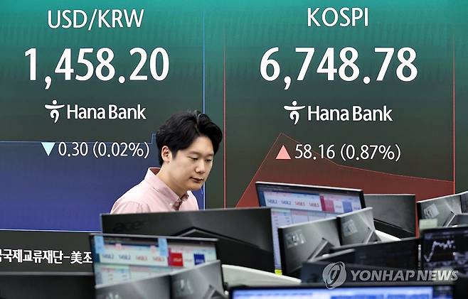 상승 개장한 코스피 (서울=연합뉴스) 김인철 기자 = 27일 서울 중구 하나은행 딜링룸 현황판에 코스피 등이 표시되고 있다.
이날 코스피는 전 거래일 대비 115.65포인트(1.73%) 오른 6,806.27에, 코스닥은 12.32포인트(1.65%) 오른 760.54에 개장했다. 2026.7.27 yatoya@yna.co.kr