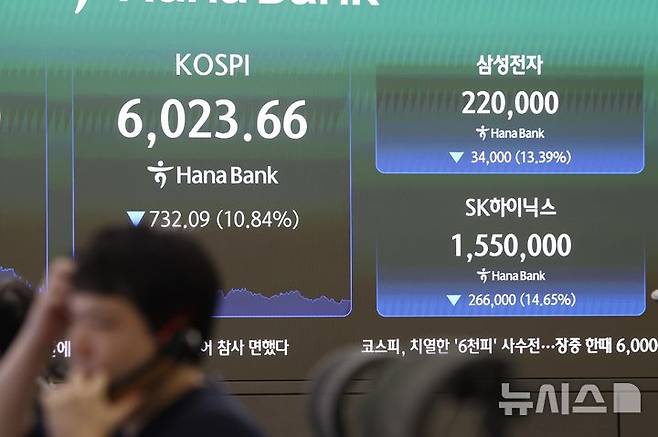 [서울=뉴시스] 김명년 기자 = 28일 오후 서울 중구 하나은행 딜링룸에서 딜러들이 업무를 보고 있다. 코스피는 전 거래일보다 732.09p(10.84%) 내린 6,023.66에 장을 마쳤다. 코스닥 지수는 전 거래일보다 59.01p(7.72%) 내린 705.85에 거래를 종료했다. 서울 외환시장에서 원·달러 환율은 전일 오후 3시 30분 주간종가 대비 6.0원 내린 1462.50원을 기록했다. 2026.07.28. kmn@newsis.com