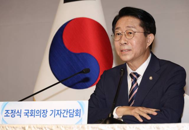▲조정식 국회의장이 28일 서울 여의도 국회 사랑재에서 취임 후 첫 기자간담회를 하고 있다. ⓒ연합뉴스