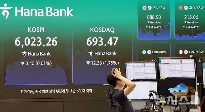 [서울=뉴시스] 김금보 기자 = 29일 오전 서울 중구 하나은행 딜링룸 전광판에 700선 아래로 내려간 코스닥지수가 표시되고 있다. 2026.07.29. kgb@newsis.com