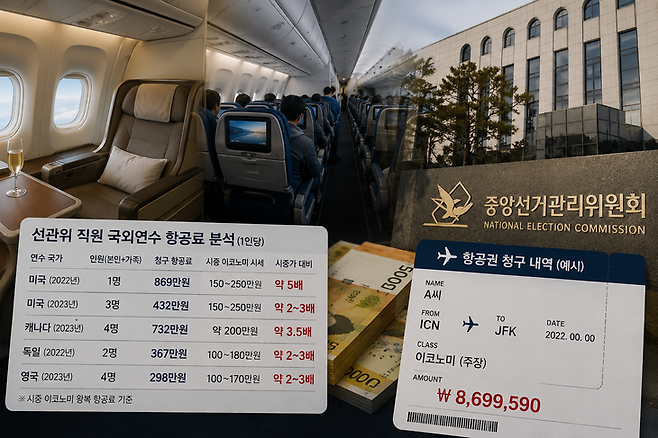 ▲선관위 국외연수 직원 1인당 청구된 항공운임이 일반적인 '이코노미 클래스' 상식을 벗어난 것으로 드러났다. 사진=챗gpt