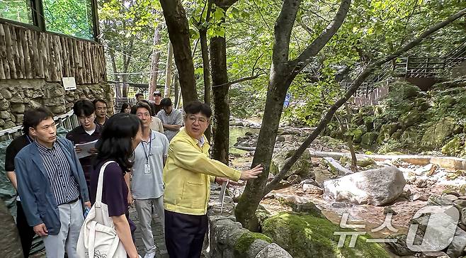 김용균 행정안전부 자연재난실장이 29일 서울 강북구 인수천을 찾아 하천계곡 불법 상행위 단속상황 및 불법시설 정비 실태를 점검하고 있다. (행정안전부 제공. 재판매 및 DB금지) 2026.7.29 ⓒ 뉴스1