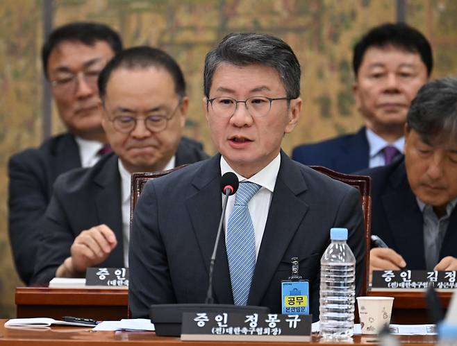 청문회 출석해 답변하는 정몽규 전 대한축구협회장. 연합뉴스