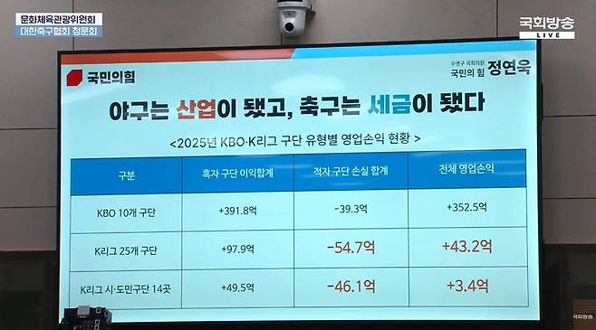출처:국회방송 / 정연욱 국민의힘 의원이 대한축구협회 청문회에서 공개한 KBO리그와 K리그 비교 자료