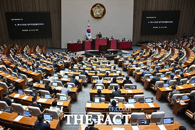 검사의 보완수사권 폐지 등을 골자로 한 형사소송법 개정안이 국회 본회의를 통과한 가운데 개정안의 위헌 가능성을 지적하는 목소리가 나온다. 조정식 국회의장이 지난 30일 오후 서울 여의도 국회에서 열린 제3차 본회의에서 '형사소송법 개정안'을 상정하고 있다./남용희 기자