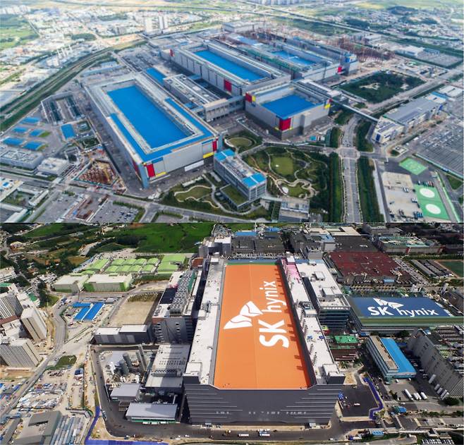 삼성전자 평택 사업장(위)과 SK하이닉스 이천 사업장./각 사