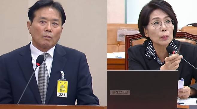 더불어민주당 최민희(오른쪽) 의원의 질문에 표정이 달라진 문진희 심판위원장. /사진=청문회 영상 캡처