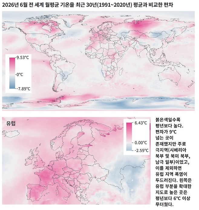 2026년 6월 전 세계 월평균 기온을 최근 30년(1991~2020년) 평균과 비교한 편차를 지도에 표시했다. ⓒ윤신영 제공