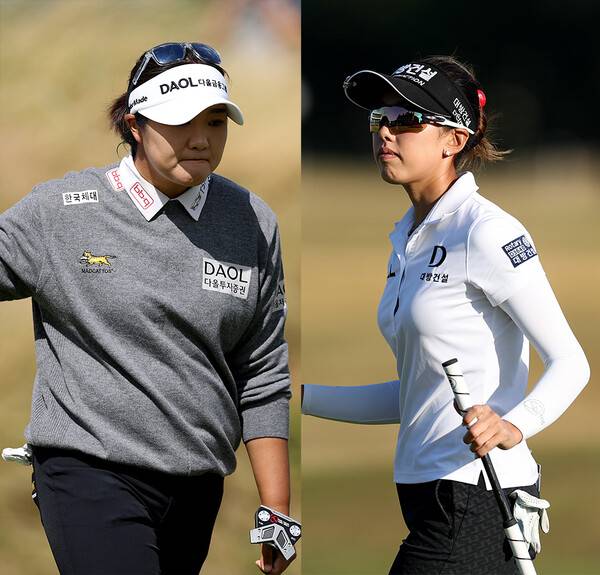 2026년 미국여자프로골프(LPGA) 투어 메이저 골프대회인 제50회 AIG 여자오픈(브리티시 여자오픈) 우승 경쟁에 뛰어든 유해란 프로, 교포 선수 노예림 프로가 3라운드에서 경기하는 모습이다. 사진제공=Richard Heathcote/R&A/R&A via Getty Images (사진을 무단으로 사용하지 마십시오.)