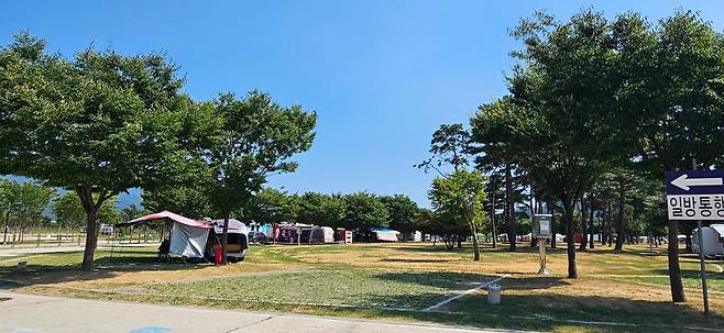 한낮 최고 기온이 42.5도까지 치솟은 2일 경남 양산시 황산공원 캠핑장이 한산하다. 양산= 박은경 기자