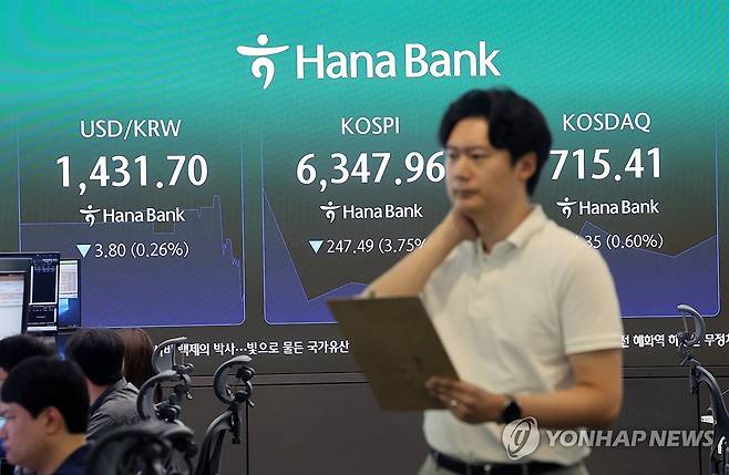 코스피 하락 출발 (서울=연합뉴스) 박동주 기자 = 직전 거래일 역대급 폭등세를 보였던 코스피가 3% 넘게 하락 출발한 3일 서울 중구 하나은행 딜링룸에서 직원이 업무를 보고 있다. 2026.8.3 pdj6635@yna.co.kr