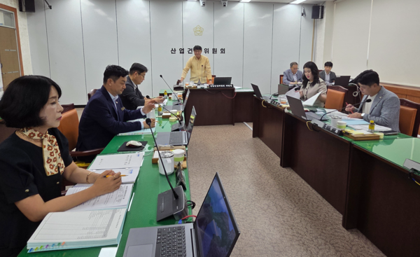 5일 통영시의회 산업건설위원회가 민생지원금 지급을 위한 수정 추경안을 심의하고 있다. /표세호 기자