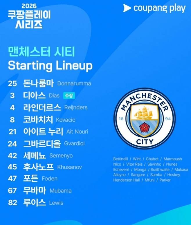 맨시티 vs 팀 K리그 선발 선수 라인업&nbsp;