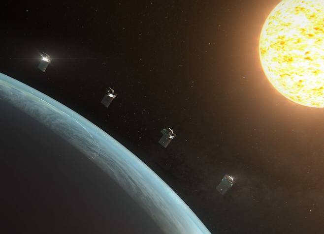 미 항공우주국(NASA)의 태양 관측 임무 ‘펀치(PUNCH)’를 구성하는 소형 위성 4대가 지구 저궤도에서 태양을 관측하는 모습을 그린 상상도. 펀치는 태양에서 방출된 코로나질량방출(CME)이 지구로 이동하는 과정을 거의 연속적으로 추적한다. /NASA