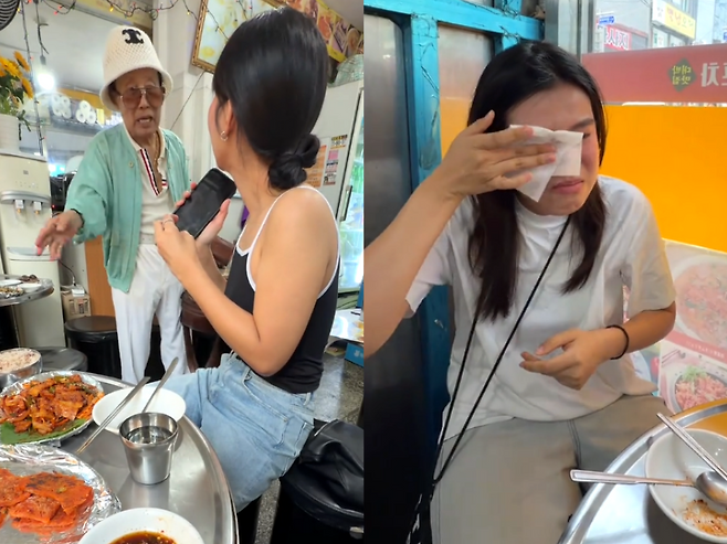 A씨에게 "맛있게 먹고 가라"고 말하는 한국 할아버지(왼쪽)와 감동을 받아 눈물을 흘리는 A씨 친구의 모습. /사진=틱톡