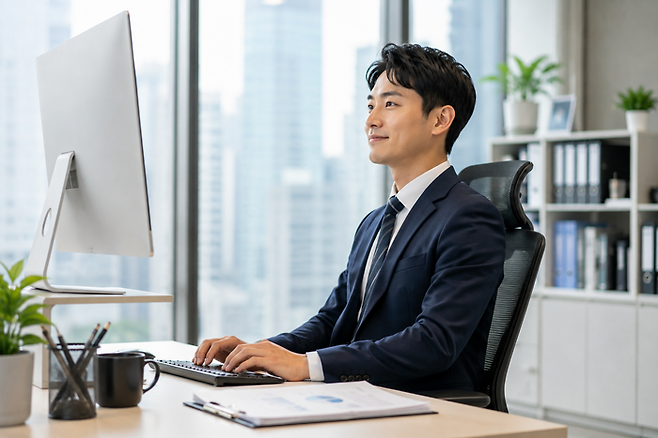 바른 자세로 일하는 직장인의 모습을 AI로 생성한 이미지. [챗GPT]