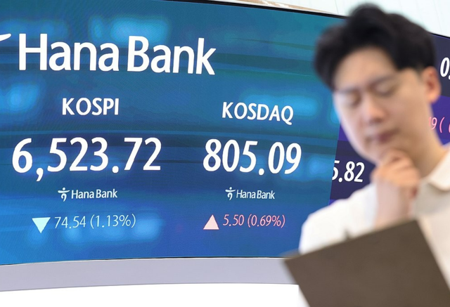 코스피가 하락 출발한 6일 서울 중구 하나은행 딜링룸에 코스피, 코스닥 지수가 표시돼있다. 연합뉴스