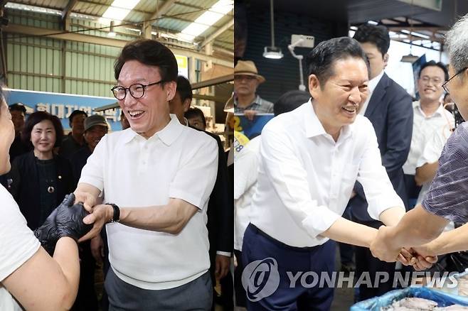 호남 찾은 더불어민주당 당대표 후보 김민석·정청래 더불어민주당 당 대표 선거에 출마한 김민석 후보가 4일 전북 정읍시 샘고을시장에서 상인들과 반갑게 인사하고,  정청래 후보는 이날  전남광주 북구 말바우시장에서 시장 상인과 인사를 나누고 있다. [연합뉴스 자료사진]
