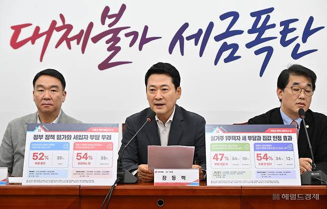 장동혁(가운데) 국민의힘 대표가 7일 오전 서울 여의도 국회에서 열린 부동산정책 정상화 특별위원회 전체회의에 참석해 모두발언을 하고 있다. 임세준 기자