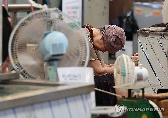 폭염에 지친 상인 (서울=연합뉴스) 김주형 기자 = 서울 최고 기온이 39도가 예보된 6일 서울 중구 서울중앙시장에서 한 상인이 자리를 지키고 있다. 2026.8.6 kjhpress@yna.co.kr