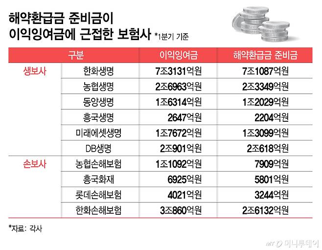 해약환급금 준비금이 이익잉여금에 근접한 보험사/그래픽=김지영