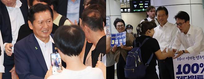 열세 지역으로 더불어민주당 당대표 선거에 출마한 정청래 의원이 10일 전북 전주대에서 열린 전북당원결집대회에서 시민들과 악수를 하고 있다(왼쪽 사진). 김민석 의원은 서울 관악구 신림역에서 시민들과 인사를 나누고 있다. 연합뉴스·김민석 후보 제공