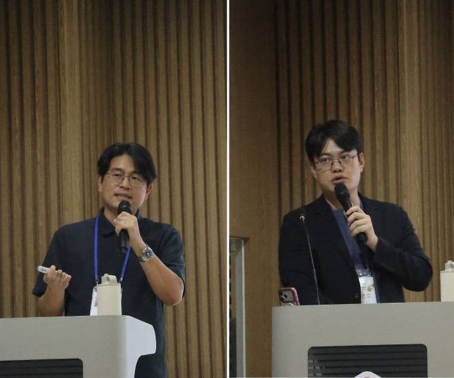 11일 창조경제혁신센터가 주최한 대전창업포럼에서 포트홀 등의 도로파손 자동감지 및 보수 기술을 보유한 로보로드 김남호 대표와 피지컬 AI에서 발생하는 오차의 정밀공정을 지원하는 얼라인 김병호 대표가 기업소개(IR)를 하고 있다. &nbsp;(사진=임병안 기자)