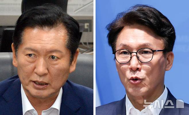 [서울·전주=뉴시스] 김근수·김얼 기자 = 정청래(왼쪽), 김민석 더불어민주당 당대표 후보가 전북 전주시 전북특별자치도의회, 여의도 국회 소통관을 찾아 각각 일정을 하고 있다. 2026.08.10. photo@newsis.com