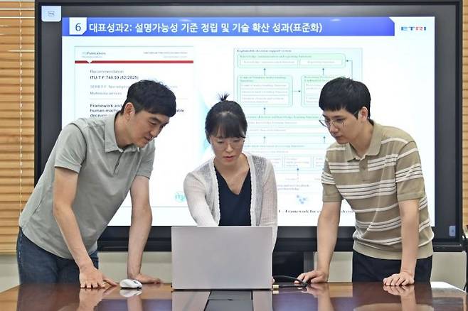 ETRI 연구진이 설명 가능한 의사결정지원 AI 기술 관련 회의를 진행하고 있다. 한국전자통신연구원