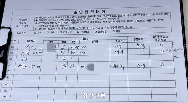 지난 6일 대구 도시철도 2호선 범어역 지하 3층 ‘이동노동자 쉼터’ 내부에 비치된 출입관리대장. 7월31일 1명, 8월3일 2명, 5일 1명 등 4명의 정보만이 적혀 있다. 쉼터 관리인은 “이 곳을 찾는 노동자들에게 모두 작성해줄 것을 요청한다”고 말했다. 백경열 기자